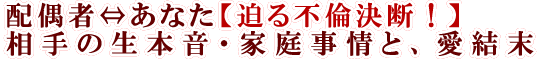 配偶者⇔あなた【迫る不倫決断！】相手の生本音・家庭事情と、愛結末